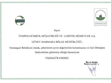Güney Marmara Bölge Müdürlüğü'müze Teşekkür Sertifikası