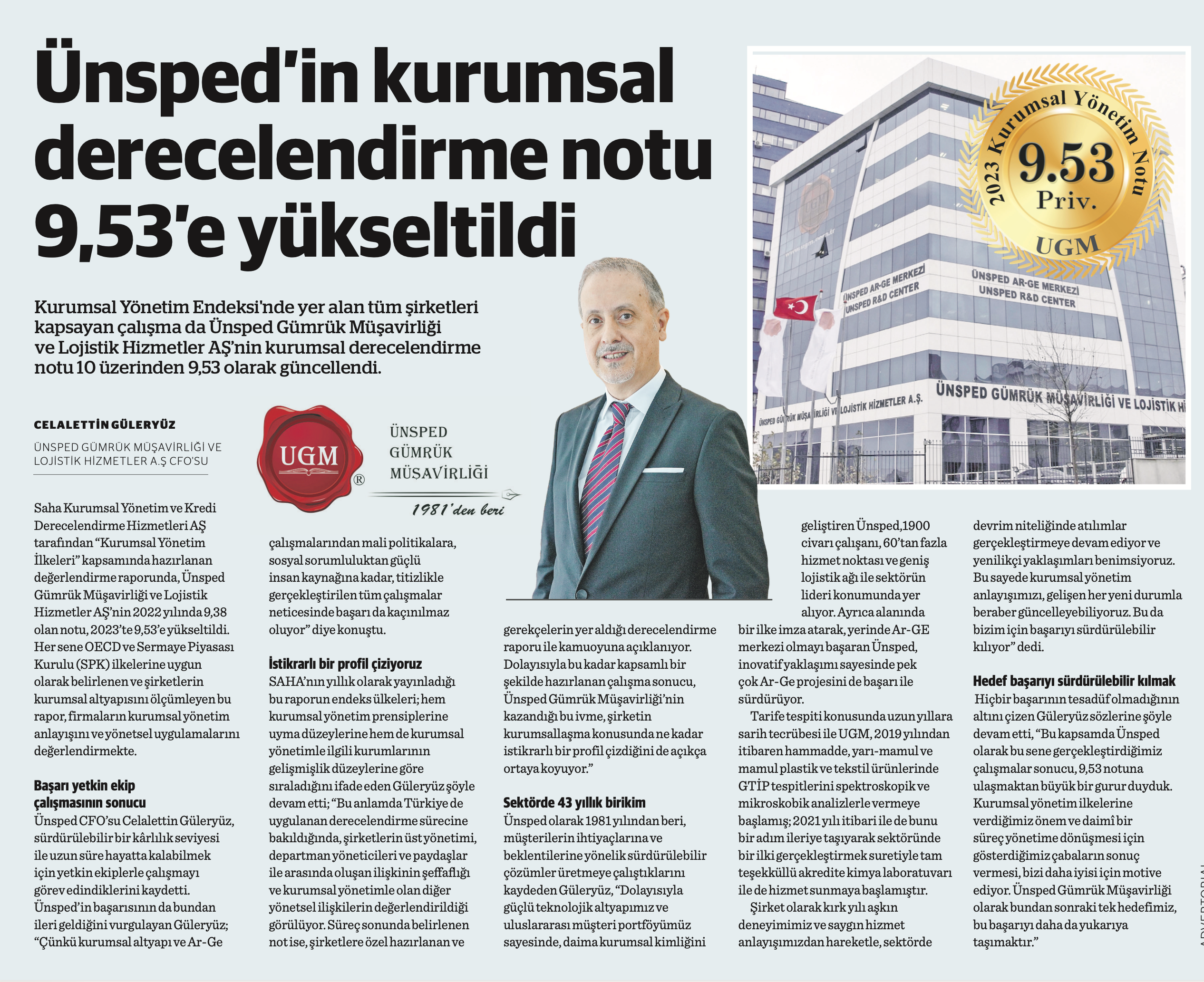 Ünsped’in Kurumsal Derecelendirme Notu 9,53’e Yükseltildi